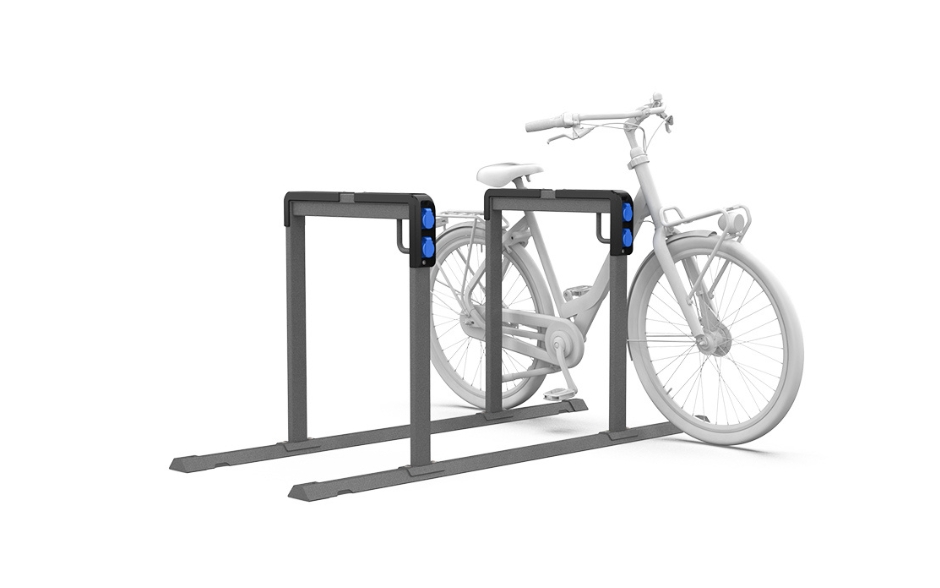 Kontur fietsleunhek staal traverse met oplaadpunten